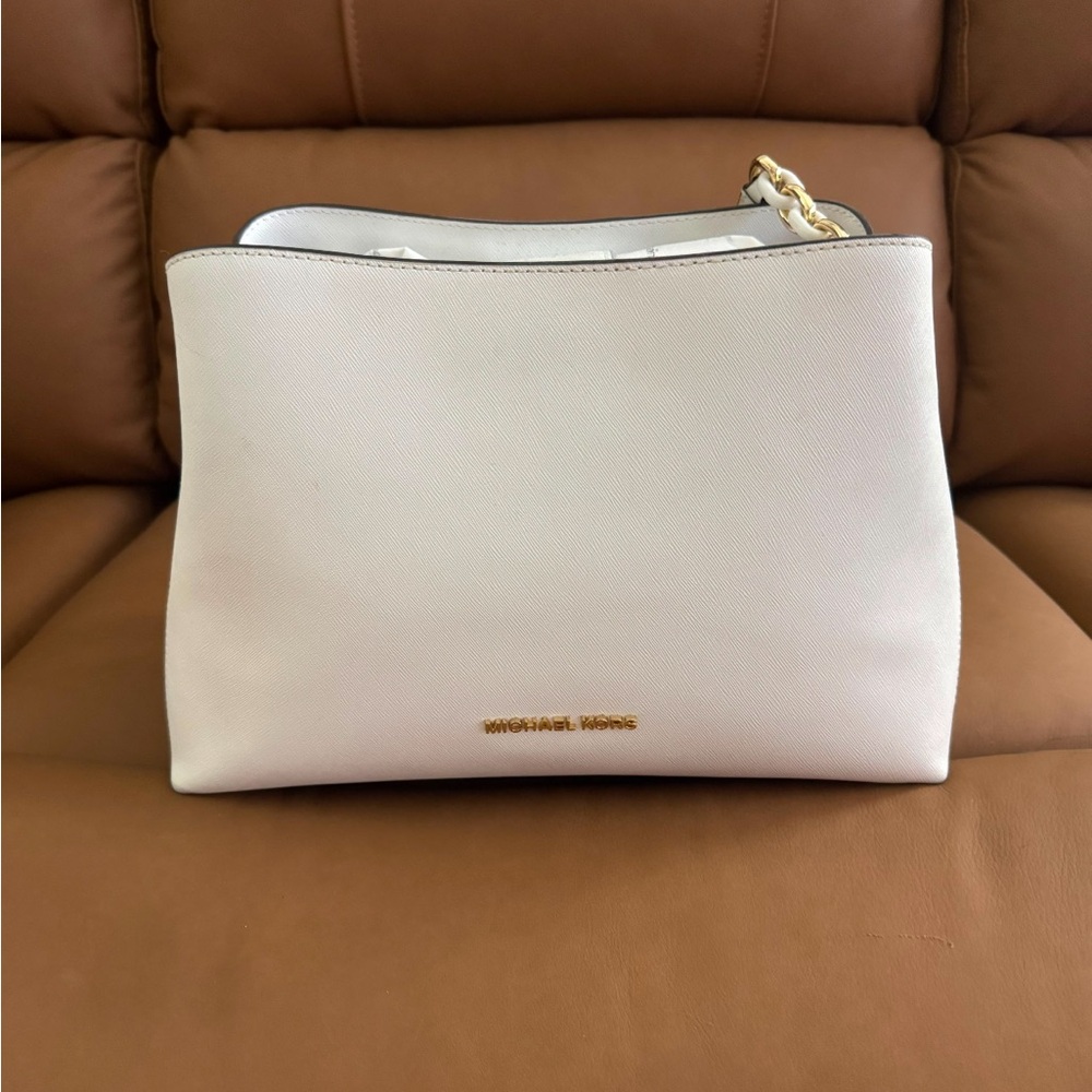 Michael Kors Cream Saffiano Leather Shoulder Bag with Gold Hardware